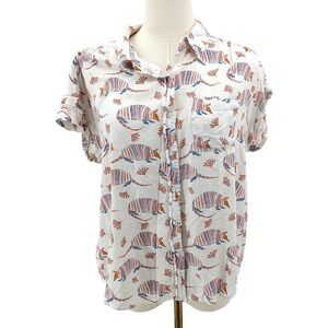 Cotton Rye Armadillo Print Button Up Shirt Whimsical Rayon Blouse Size L